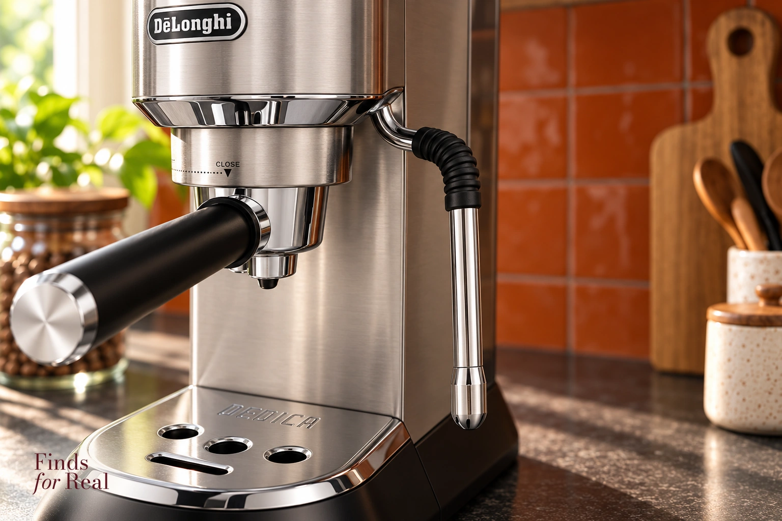 Close view of the Dedica Arte EC885.M slender My LatteArt steam wand.